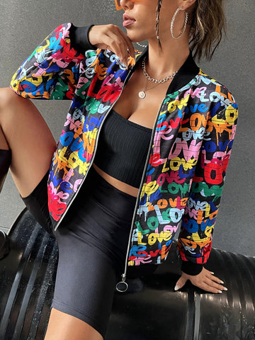 Graffiti Print Zip Up Bomber Jacket