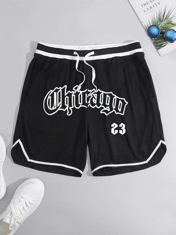 Men Letter Graphic Striped Trim Drawstring Waist Shorts Basketball Chicago Plain Black