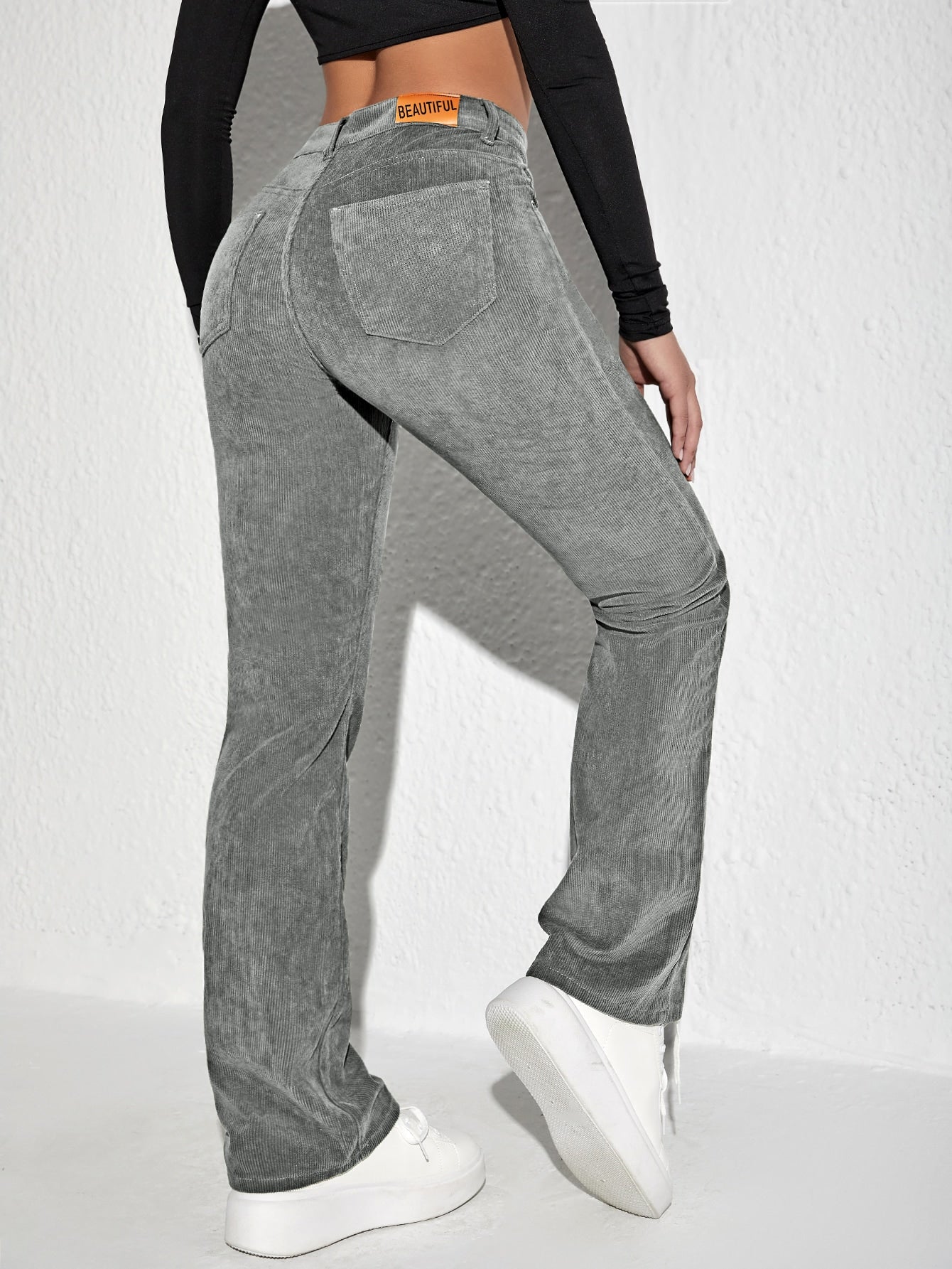 Letter Patched Flare Leg Corduroy Pants