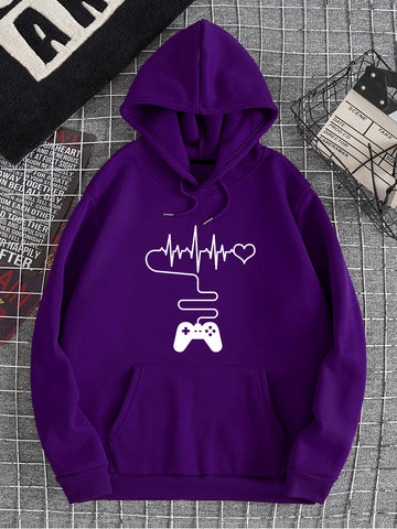 Men Gamepad And Heart Print Kangaroo Pocket Drawstring Thermal Hoodie