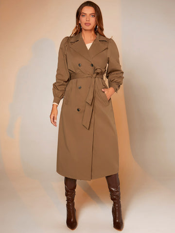 Lapel Collar Puff Sleeve Double Breasted Belted Trench Coat Workwear