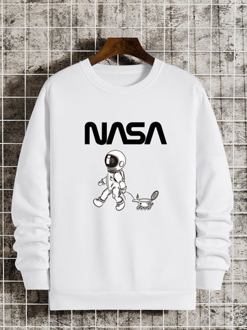 Men Letter & Spaceman Print Thermal Lined Sweatshirt