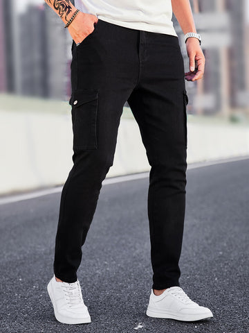 Men Cotton Flap Pocket Cargo Jeans Slim Fit Long Washed Dark Wash Jean Plain Black Work Business Casual Husband