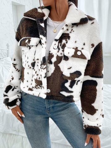 Cow Print Drop Shoulder Teddy Jacket