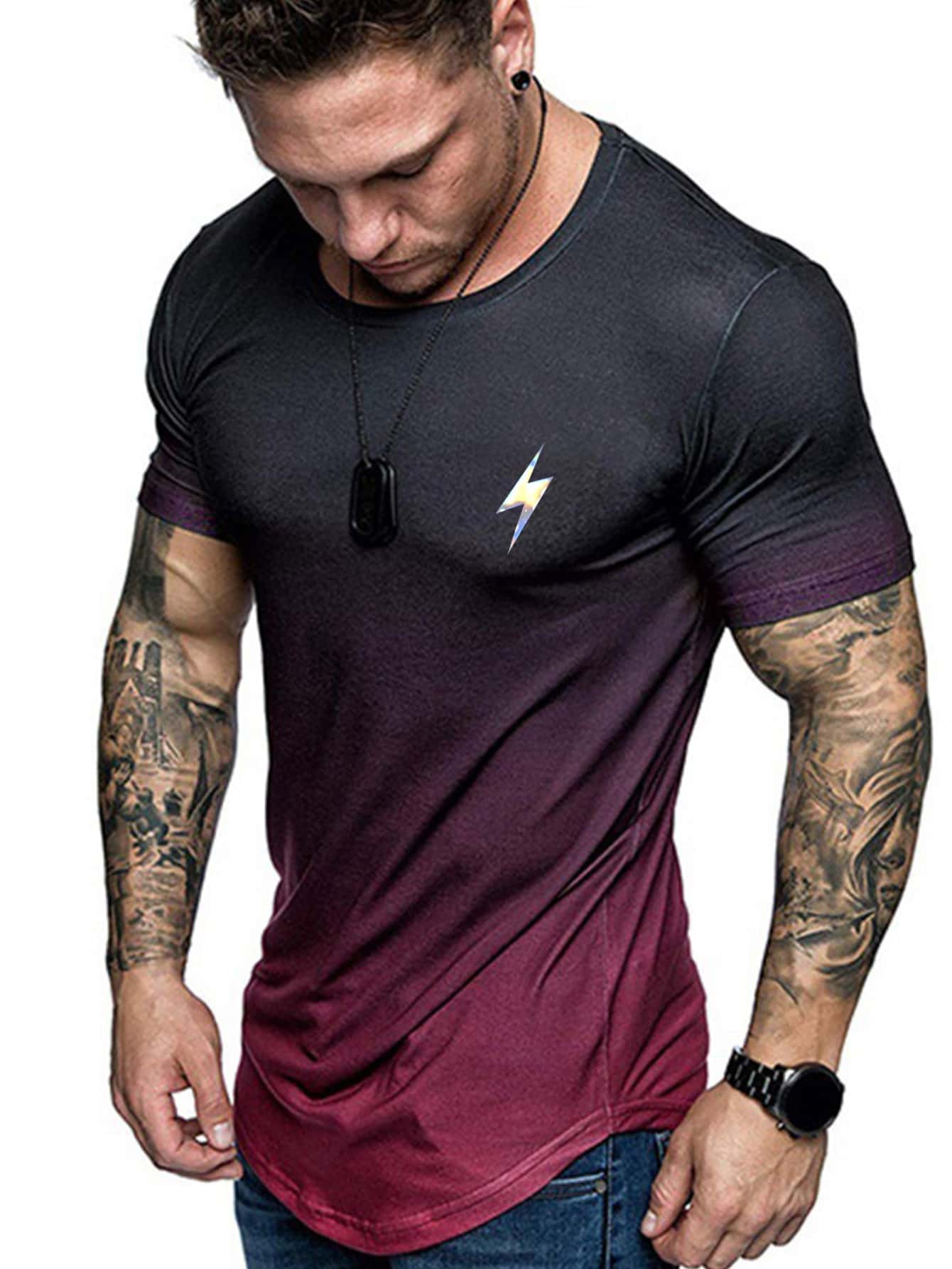 Men Lightning Print Ombre Sports Tee