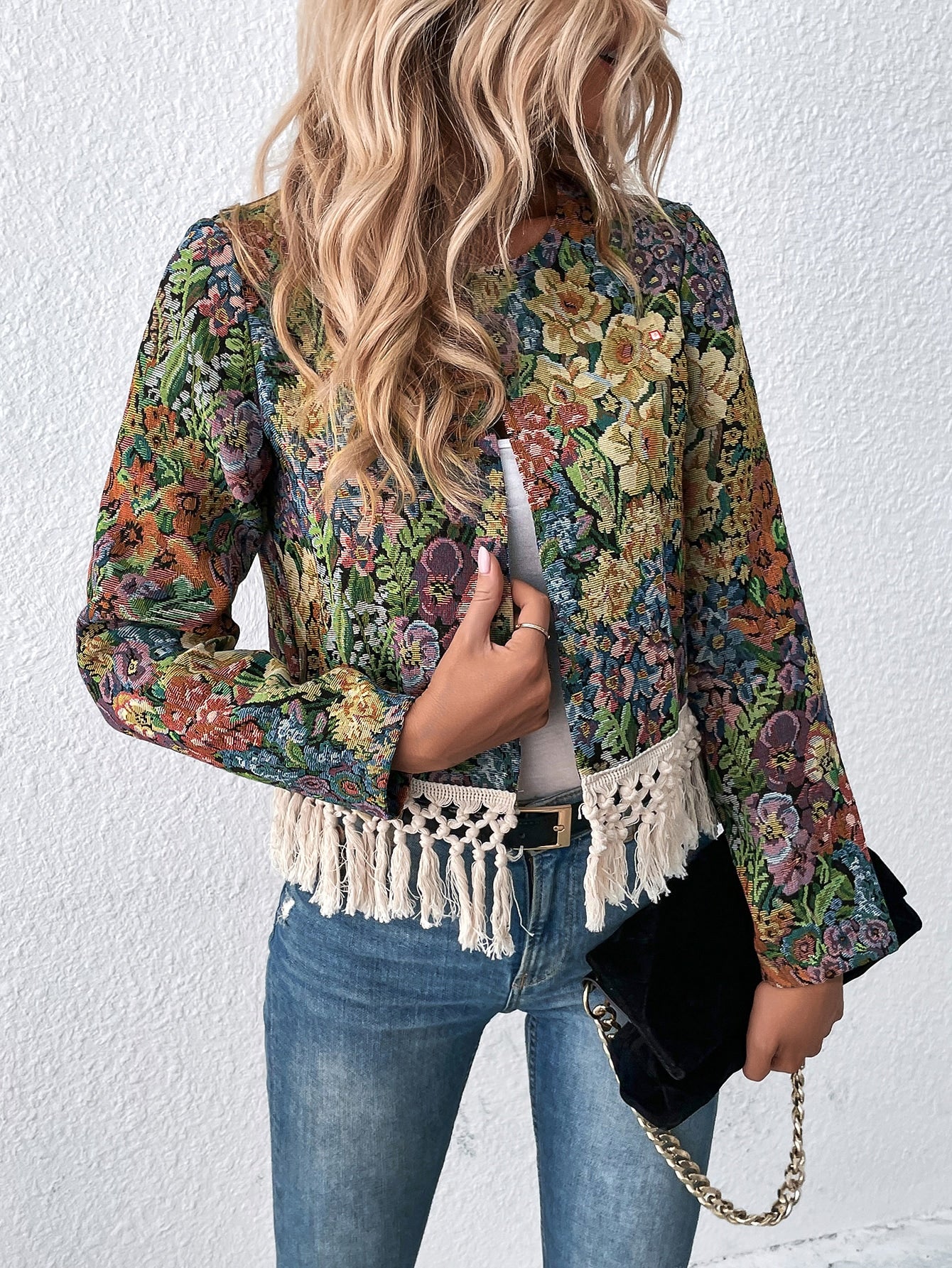 Floral Print Open Front Fringe Hem Jacket