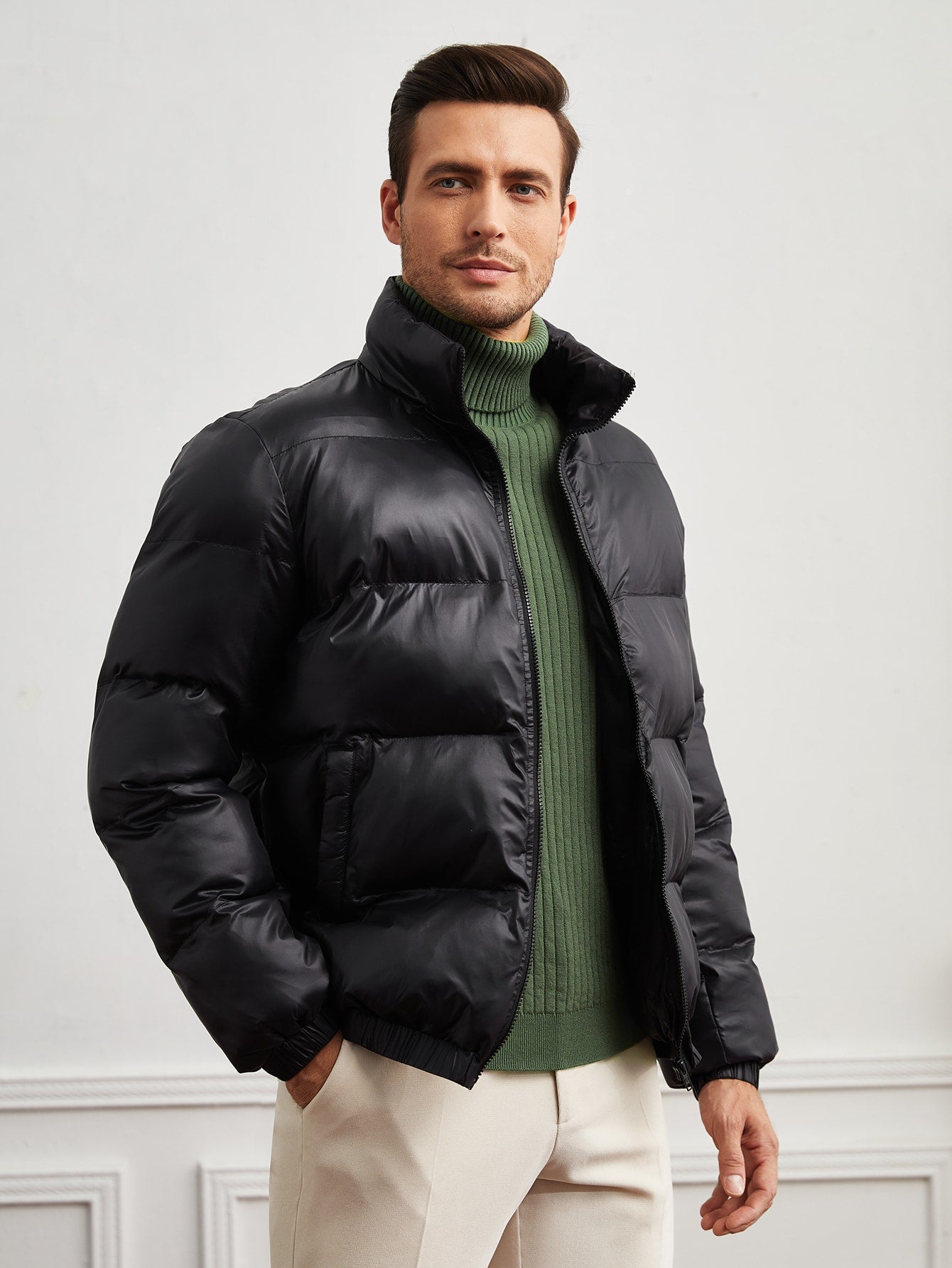 Men Slant Pockets Puffer Coat