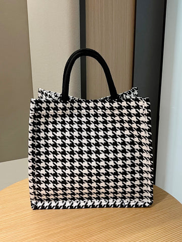 Lightweight, Portable Casual, Fashion Houndstooth Pattern Tweed Top Handle Bag For Girls, Women, College Students, Rookies & White-collar Workers For Fall, Winter Essential, For Work, Office, Commute, For Autumn & Winter, Outdoors