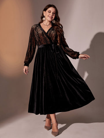 Plus Contrast Lace Lantern Sleeve Overlap Collar Belted Velvet Dress