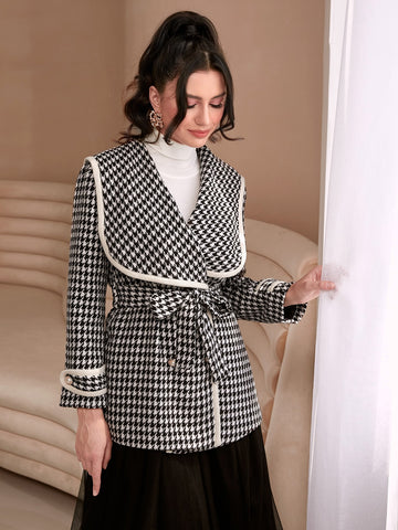 Houndstooth Print Waterfall Collar Belted Overcoat