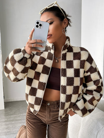 Checker Print Zip Up Teddy Jacket