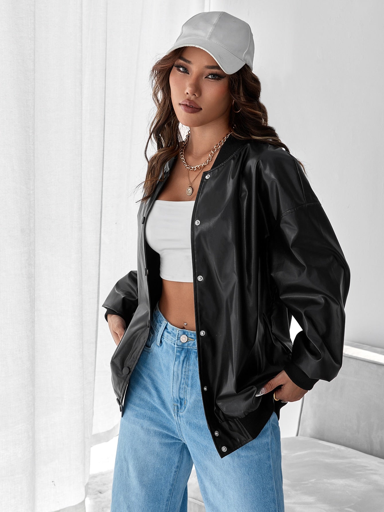 Drop Shoulder PU Bomber Jacket