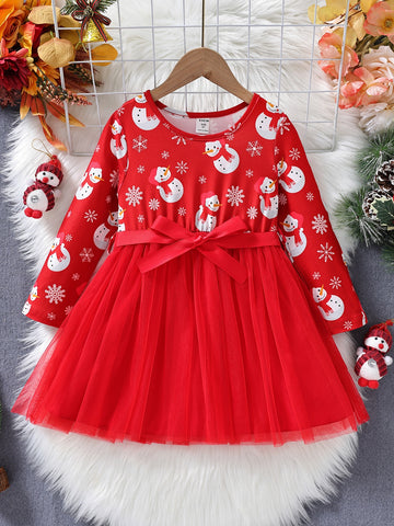 Toddler Girls Christmas Snowman Print Contrast Mesh Belted Dress