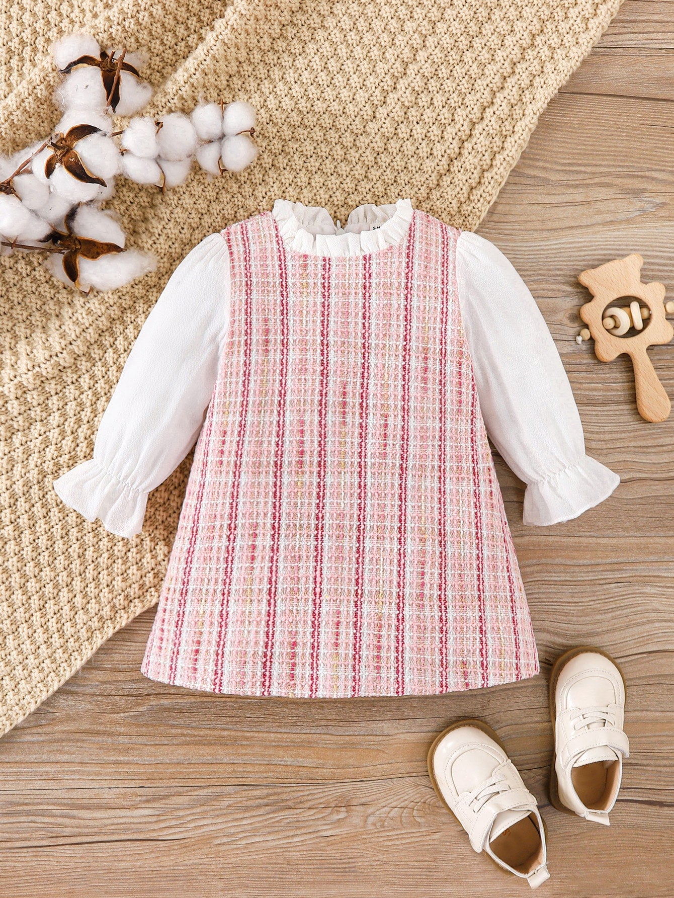 Baby Girl Plaid Ruffle Trim Flounce Sleeve Tweed Dress