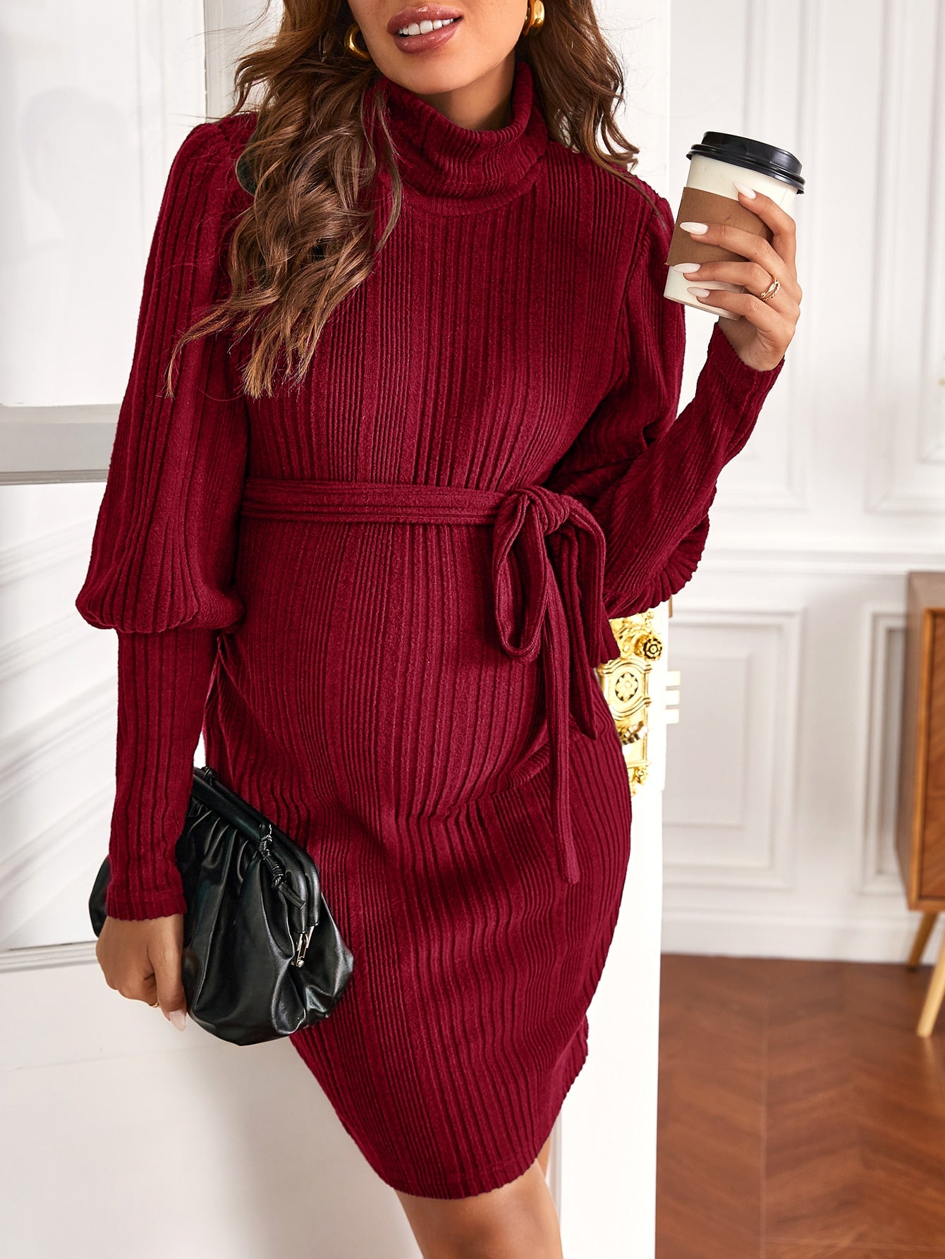 Maternity Turtleneck Gigot Sleeve Belted Dress