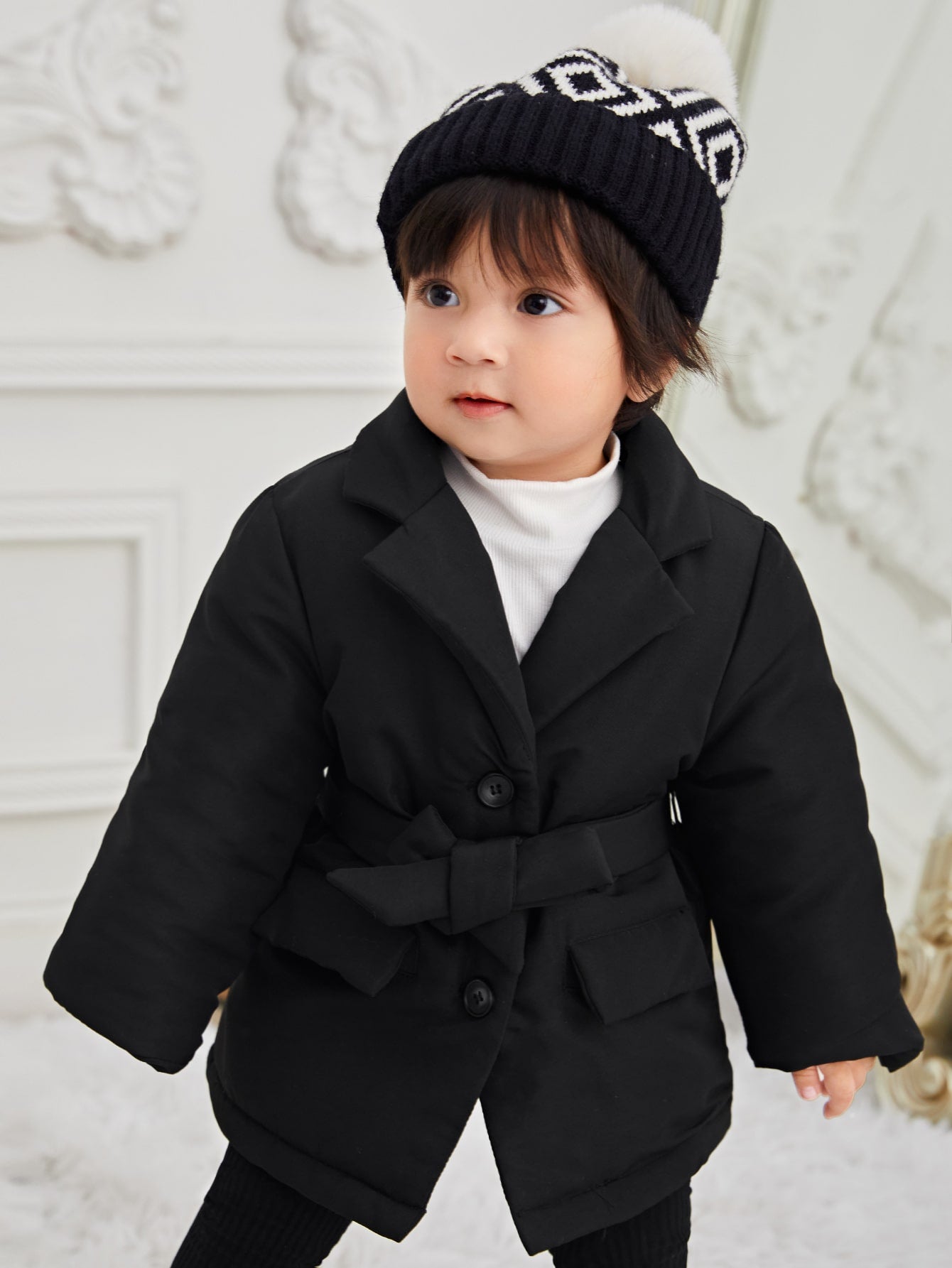 Baby Double Pocket Lapel Neck Belted Coat