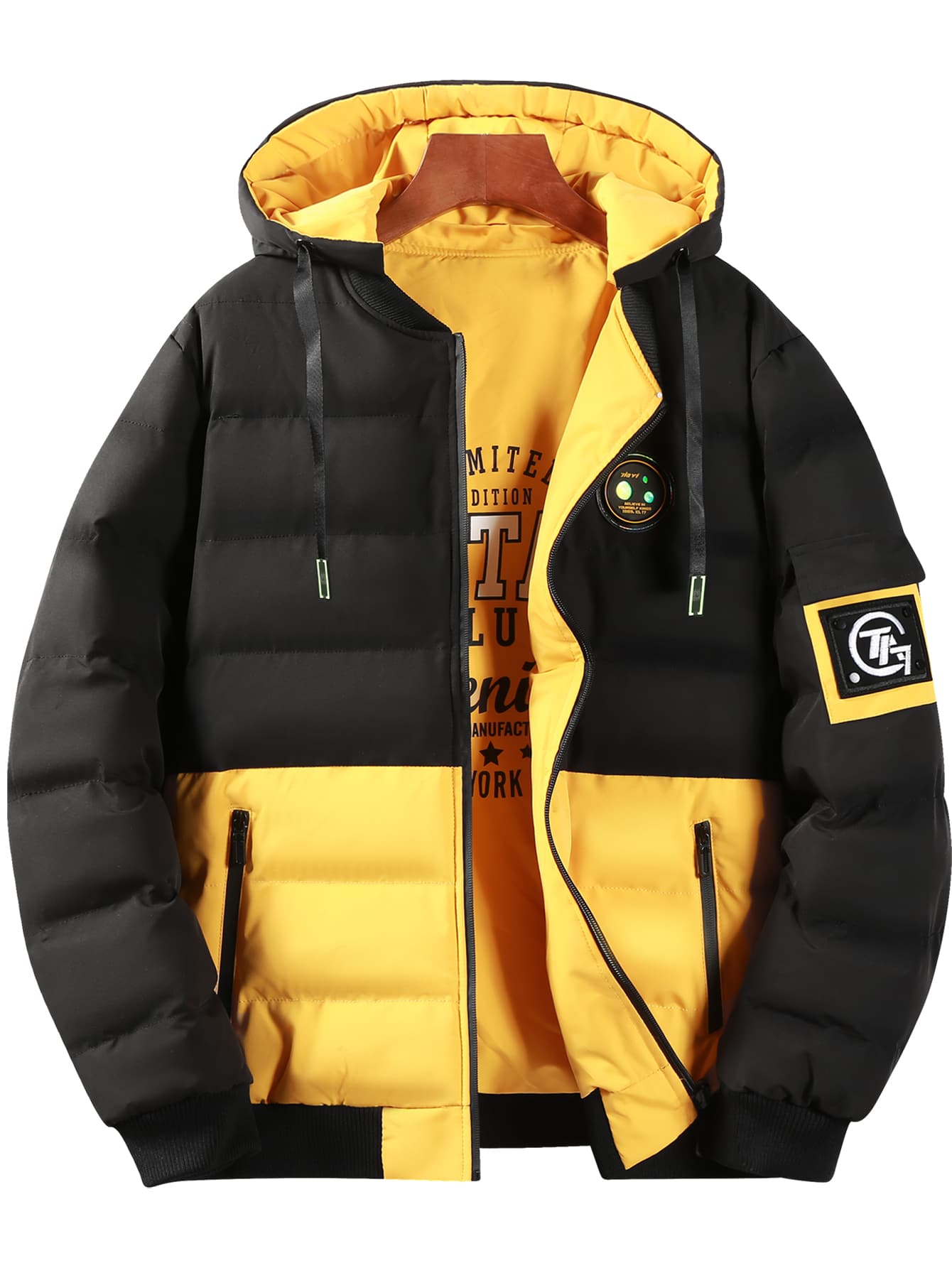 Loose Fit Men's Two Tone Letter Graphics Drawstring Hooded Puffer Coat