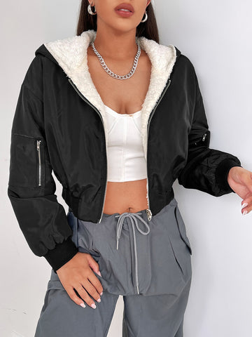 Black Zip Up Drop Shoulder Teddy Lined Crop Hooded Jacket