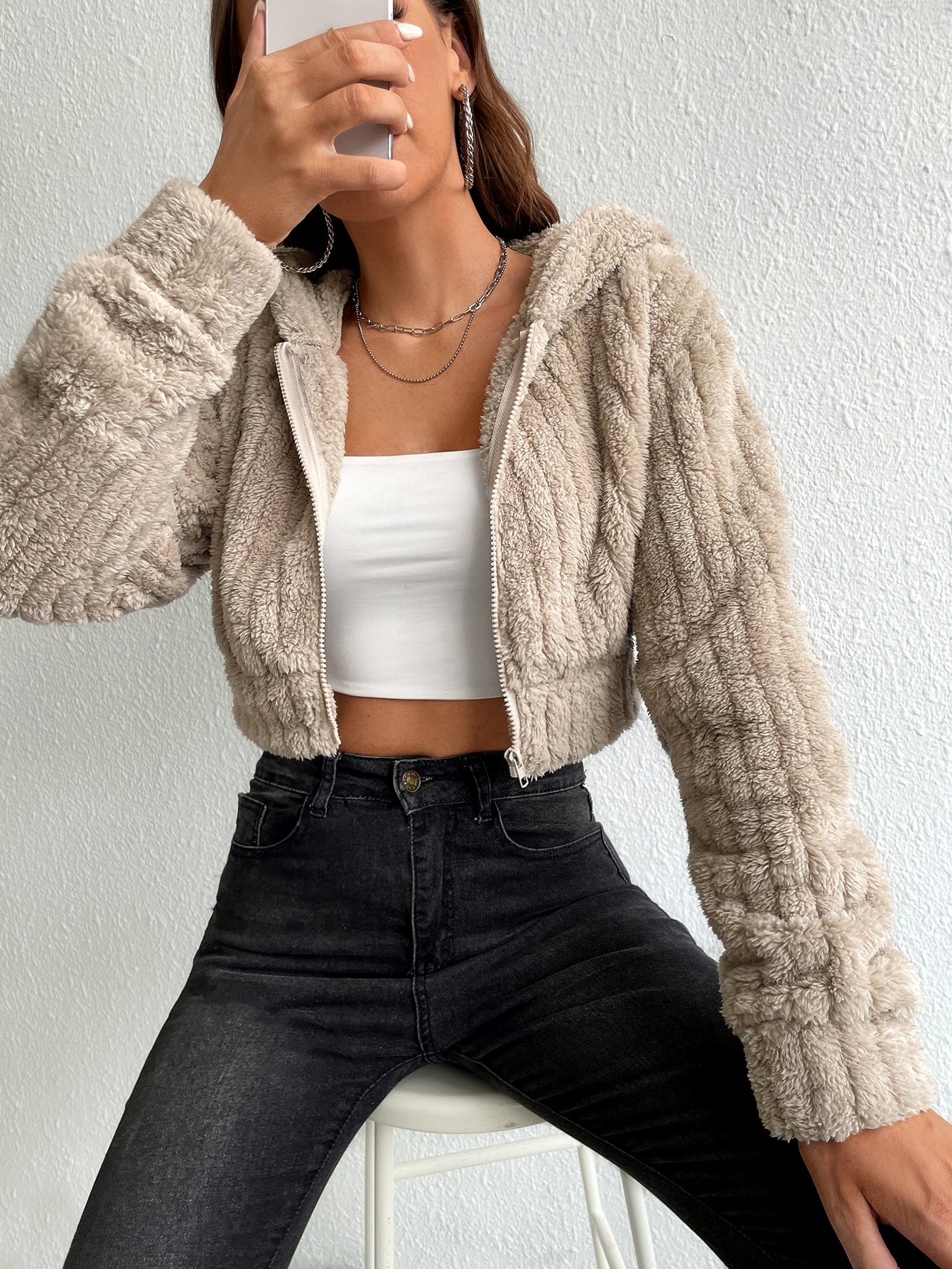 Drop Shoulder Hooded Crop Teddy Jacket