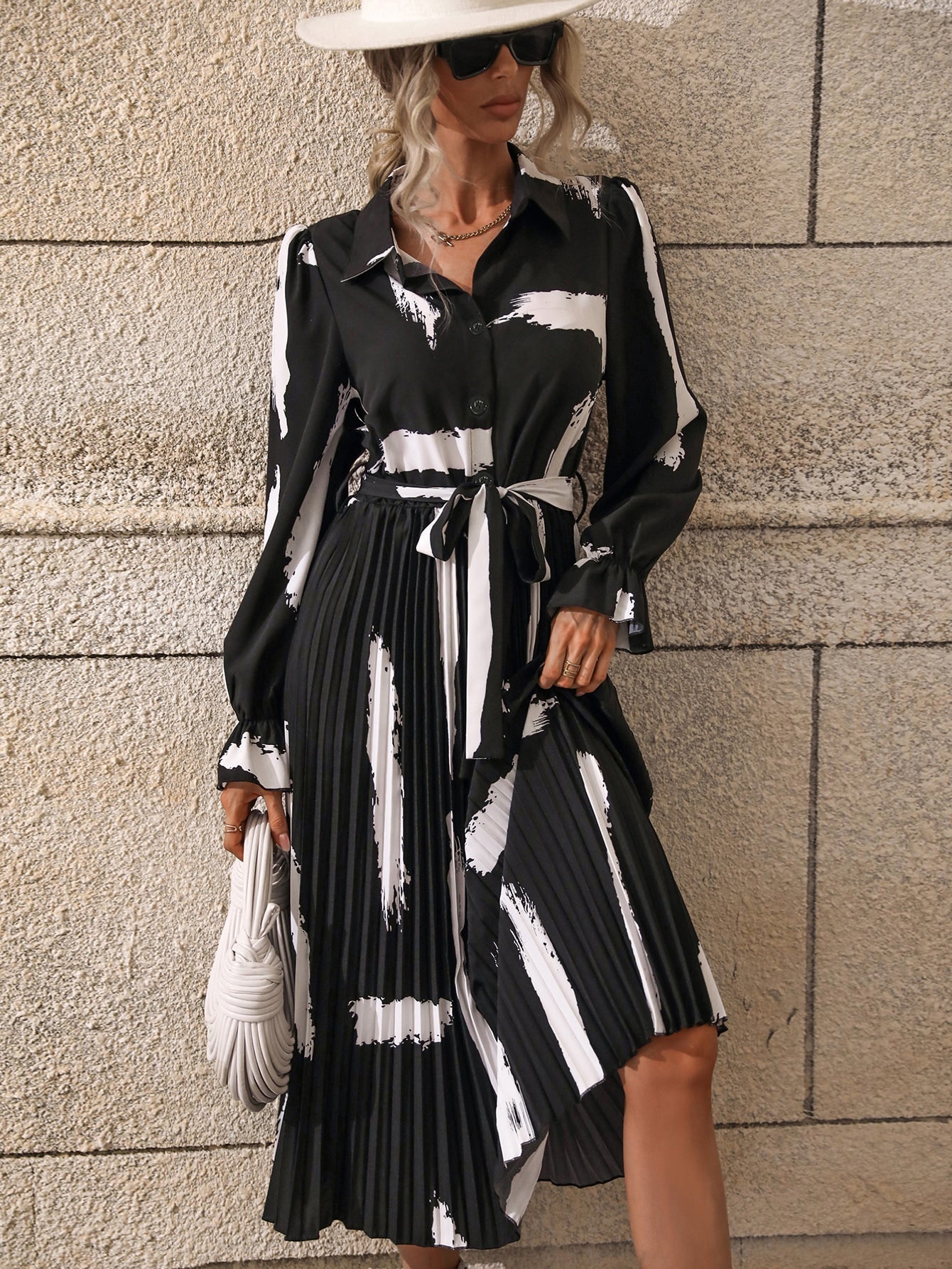 Graphic Print Flounce Sleeve Pleated Hem Belted Shirt Dress