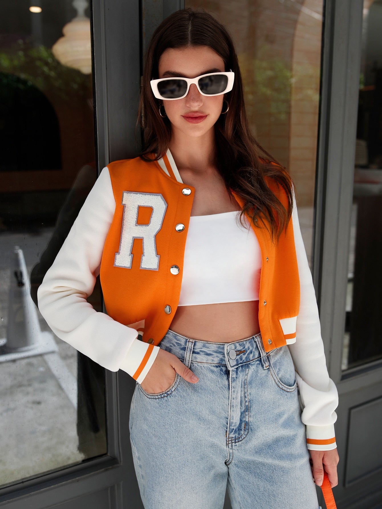 Letter Patched Color Block Crop Varsity Jacket