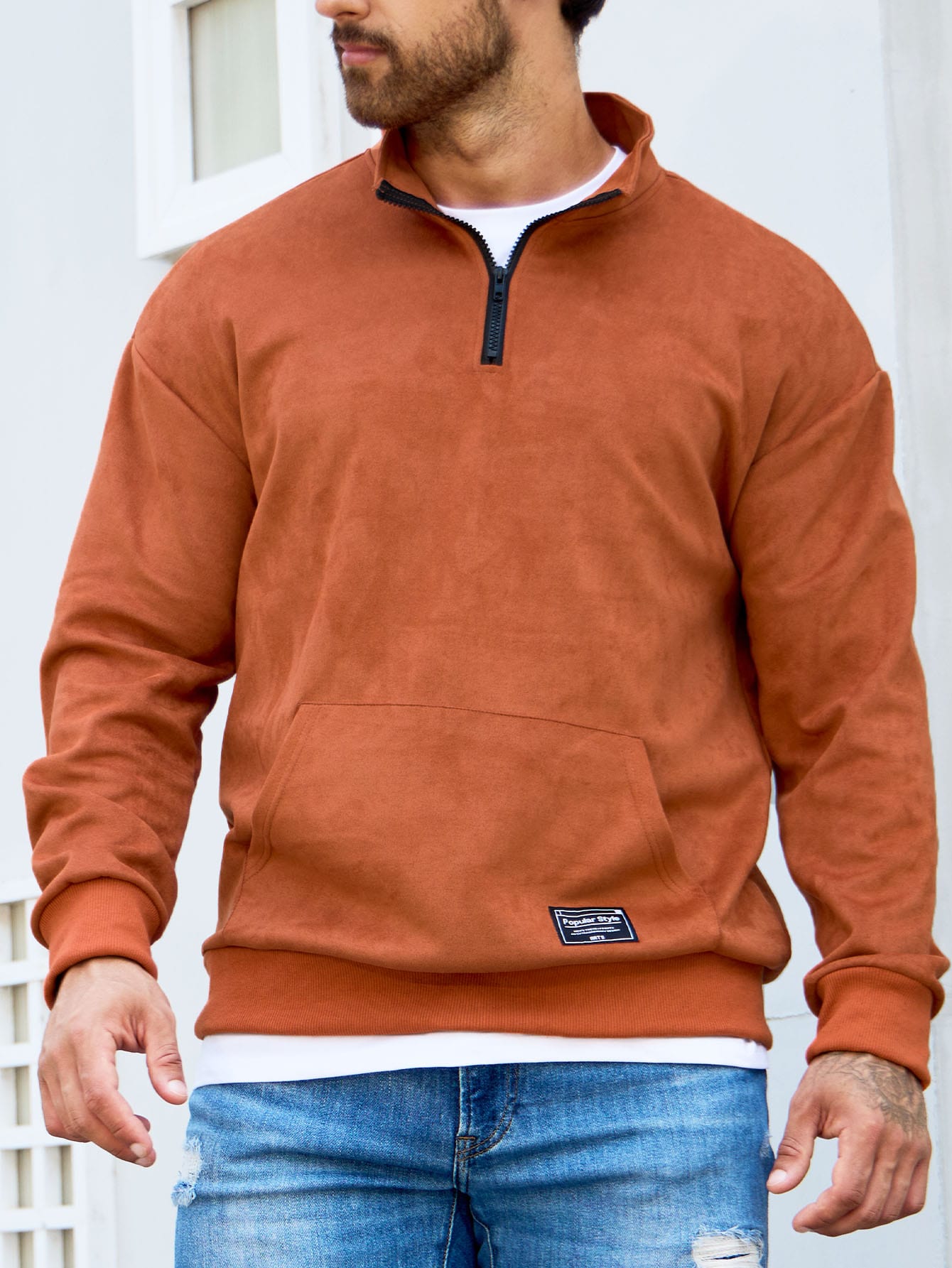 Loose Fit Men's Letter Patched Detail Drop Shoulder Pullover