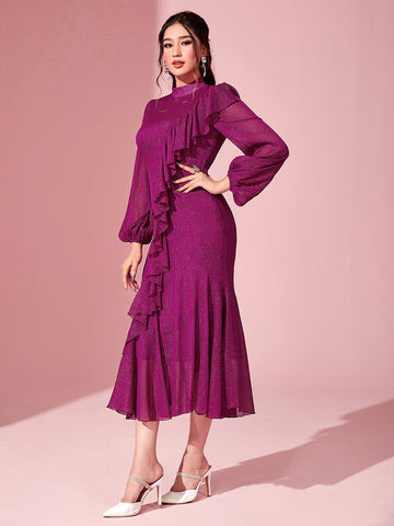 Mock Neck Ruffle Trim Lantern Sleeve Dress