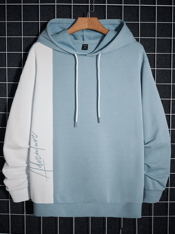 Men Plus Letter Graphic Two Tone Drawstring Hoodie