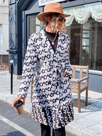 Allover Geo Print Belted Trench Coat