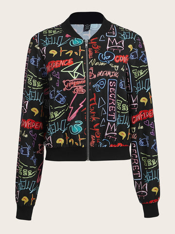 Letter Graphic Zip Up Bomber Jacket