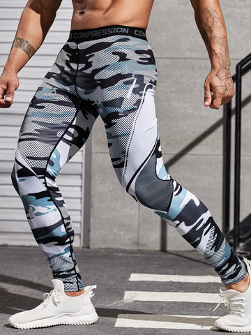 Men Camo Print Top-stitching Sports Tights