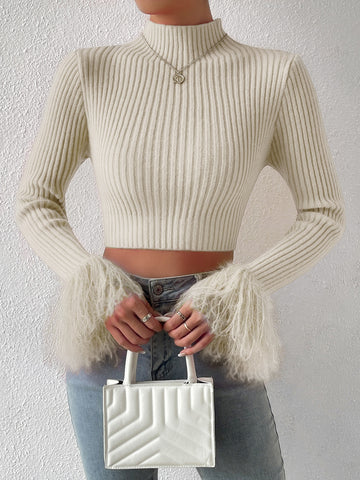 Mock Neck Fuzzy Cuff Crop Sweater