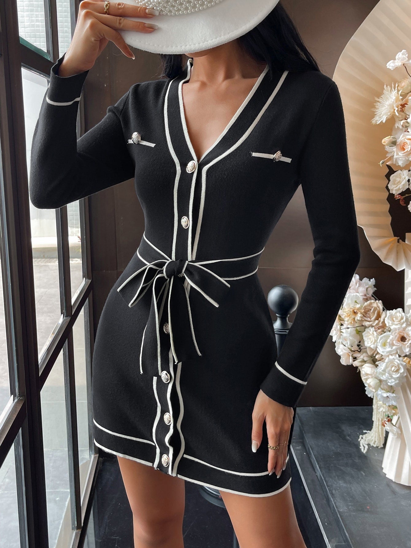 Contrast Piping Single Breasted Belted Sweater Dress