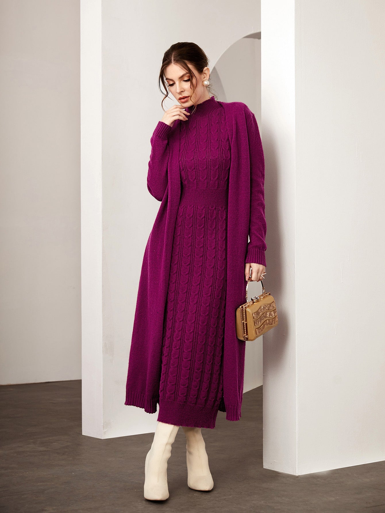 Mock Neck Cable Knit Sweater Dress & Cardigan