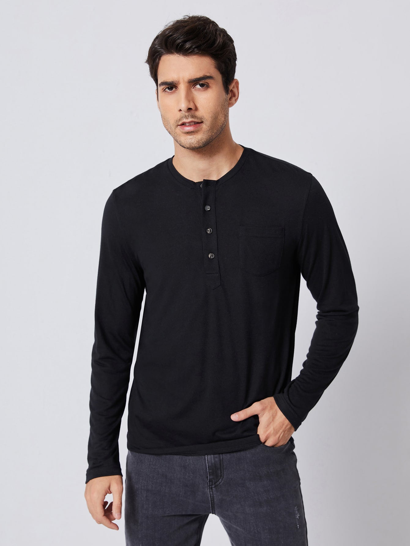 Men T-Shirts Fit Crew Neck Long Sleeve Henley Casual Simple Spring Knit Top