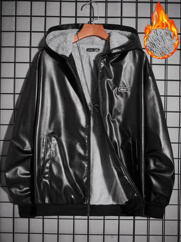 Men's Teddy-Lined Pu Leather Oversized Jacket With Letter Detail Patches