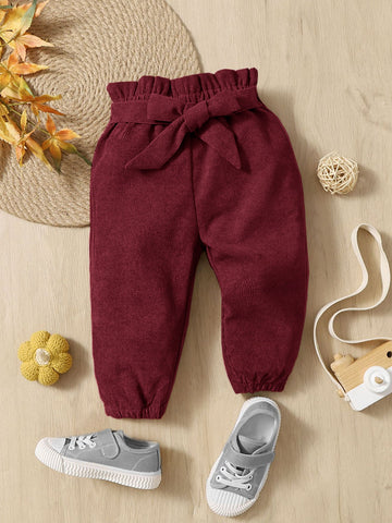 Baby Girl Pure Color Corduroy Elastic Waist & Ankle With Ruffle Trim Casual Pants, Suitable For Summer