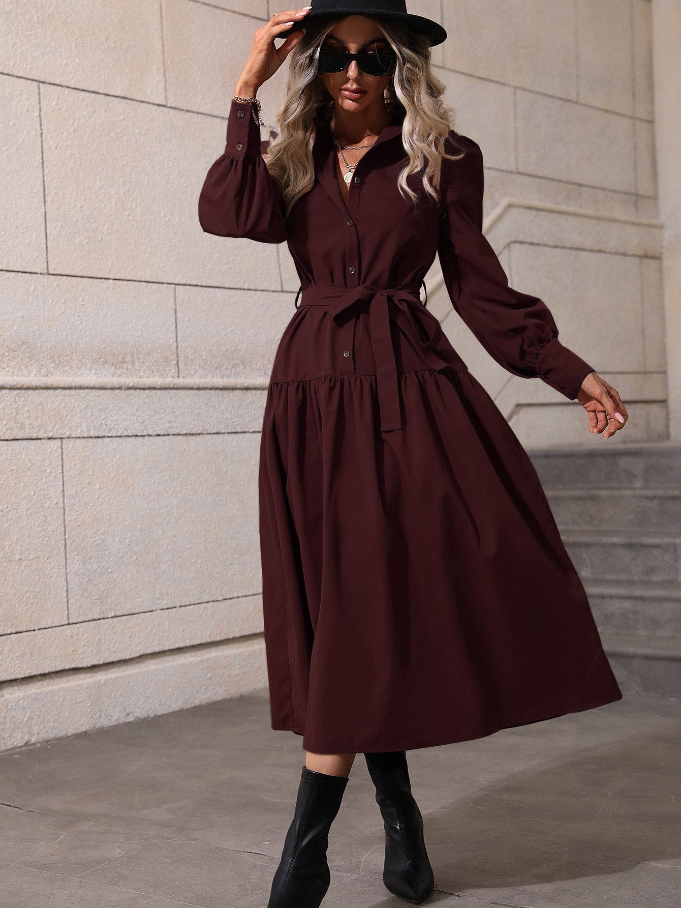 Solid Bishop Sleeve Belted Shirt Dress