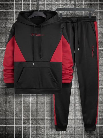 Men Letter Graphic Two Tone Drawstring Hoodie & Contrast Sideseam Sweatpants