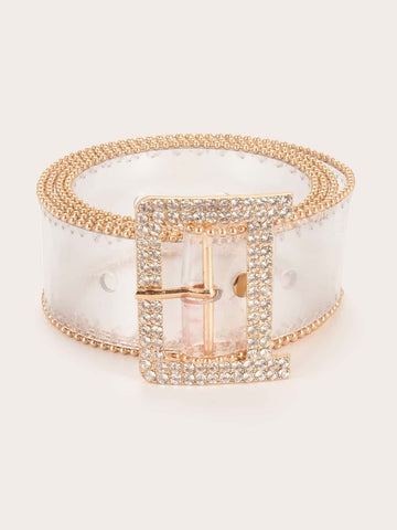 1pc Women New Year Rhinestone Decor Square Buckle Transparent Belt Party