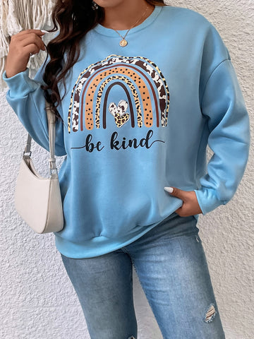 Plus Letter & Heart Print Drop Shoulder Sweatshirt