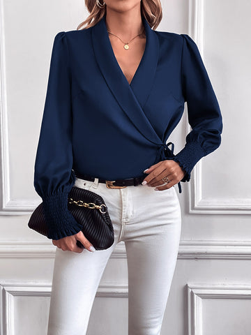 Shawl Collar Knot Side Wrap Blouse