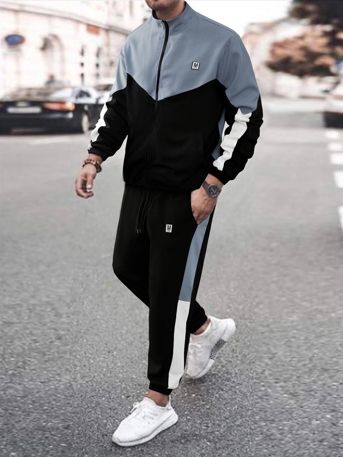 Men Colorblock Letter Patched Zip Up Jacket & Sweatpants