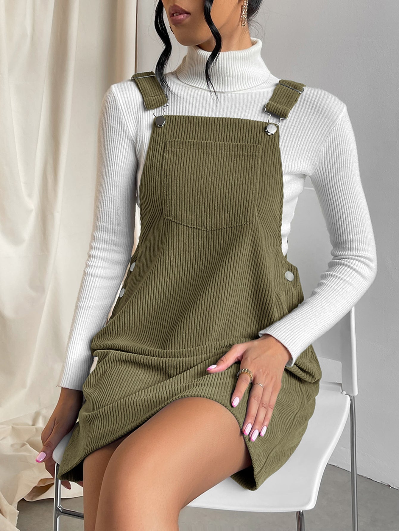 Solid Pocket Patched Overall Dress Without Sweater