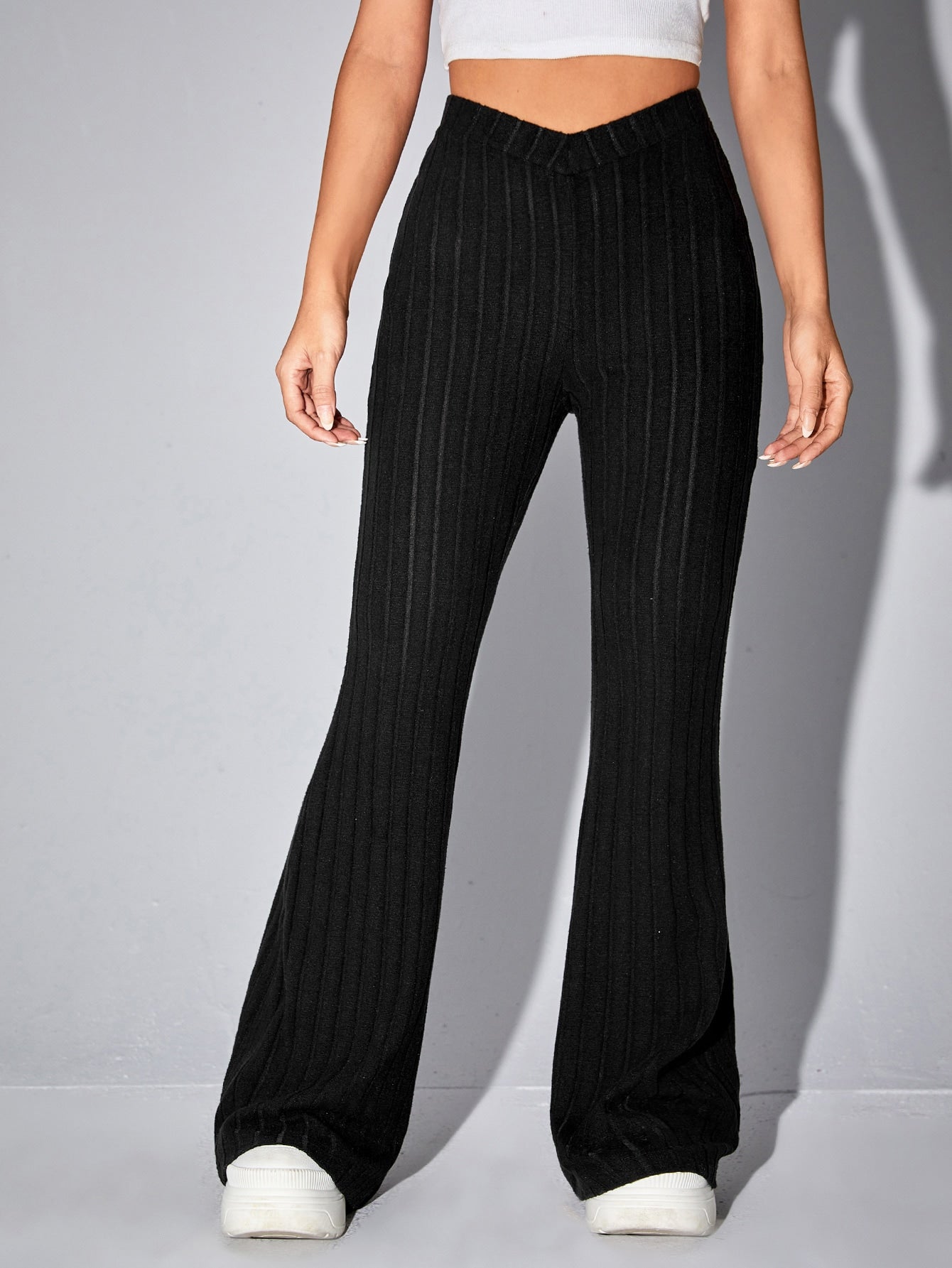 Black V-Shaped Waistband High Waist Flare Leg Pants