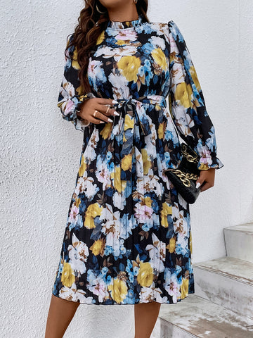 Plus Floral Print Flounce Sleeve Belted Dress