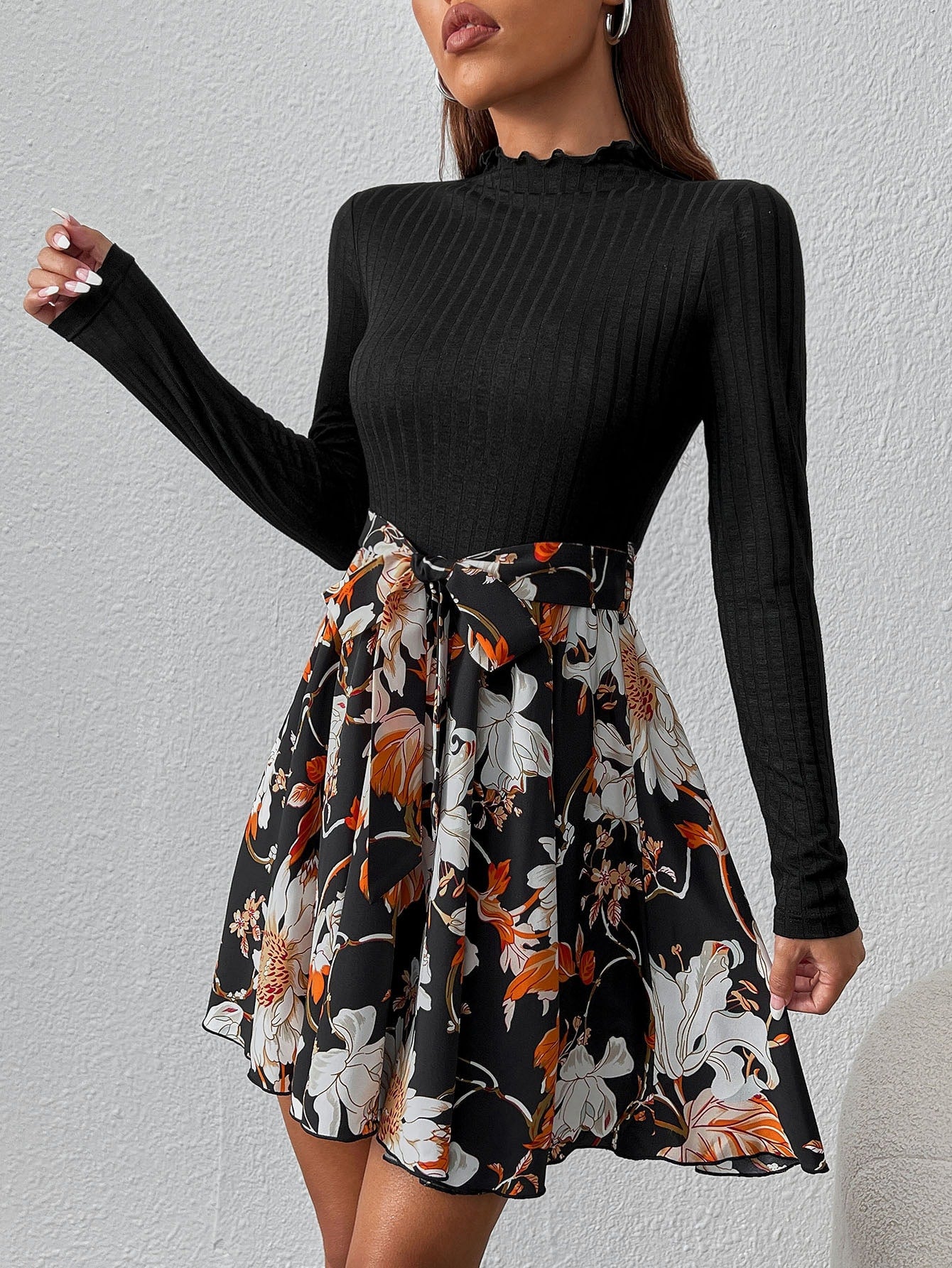 Floral Print Lettuce Trim Belted Dress