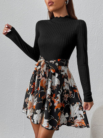 Floral Print Lettuce Trim Belted Dress