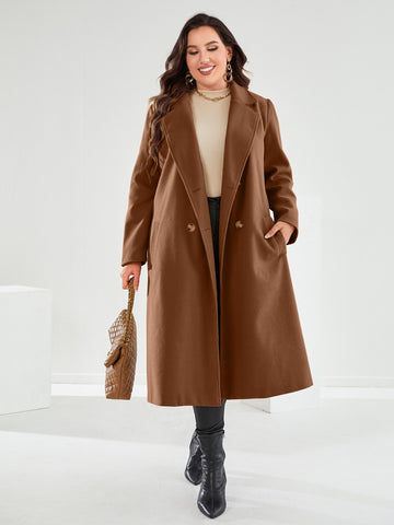 Plus Lapel Neck Double Breasted Belted Overcoat