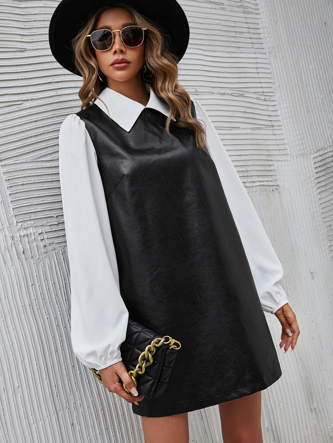 Contrast Collar Lantern Sleeve PU Leather Dress